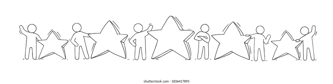 Happy people standing with five golden stars. Doodle cute illustration about the product quality. Isolated vector Idea of feedback and review.