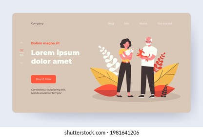 Happy people standing and holding pets. Friend, cat, dog flat vector illustration. Domestic animals and friendship concept for banner, website design or landing web page