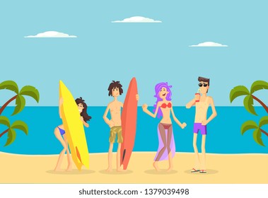 Happy People Standing with Surfboards on Tropical Beach, Young Men and Girls on Summer Vacation, Beach Activities Vector Illustration