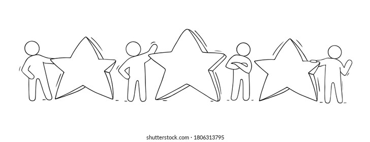 Happy people standing with three golden stars. Doodle cute illustration about the product quality. Isolated vector Idea of feedback and review.
