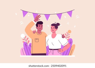 Happy people standing together concept with people scene in the flat cartoon design. An image of a happy man and woman, with bright colors and a festive atmosphere. Vector illustration.