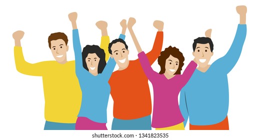 Happy people standing together and embracing each other. Group portrait of friends. Smiling and lathing men and women rising Hands up. Friendship, celebration, joy and fun concept. Vector illustration