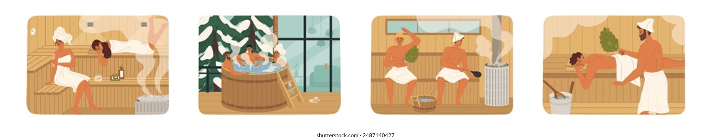 Happy people steaming in finnish sauna or finnish banya set