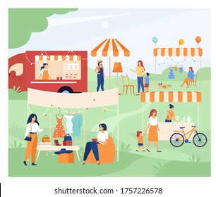 Happy people at street season flea market flat vector illustration. Cartoon crowd walking at park during summer fair. Sale community and marketplace concept