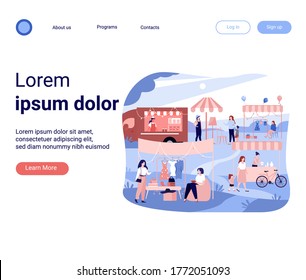 Happy people at street season flea market flat vector illustration. Cartoon crowd walking at park during summer fair. Sale community and marketplace concept