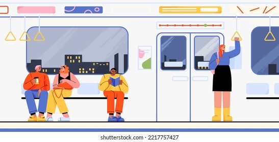 Happy people in subway, flat vector illustration. Commuting passengers sitting and talking, reading book, standing in urban metro train. Night city view in window. Public transportation services