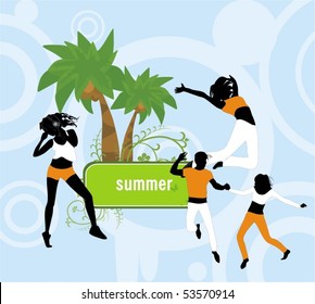 happy people. summer background with palms