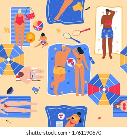Happy people sunbathing on beach in top view. Man lies with book on towel. Woman rests with her child at sea. Couple eating watermelon at seaside resort. Vector character seamless pattern illustration