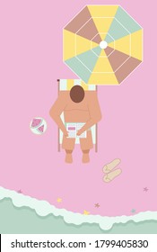 Happy people sunbathing on beach in top view. Man lies with book on towel. Woman rests with her child at sea. Couple eating watermelon at seaside resort. Vector character seamless pattern illustration