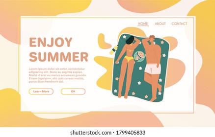 Happy people sunbathing on beach in top view. Man lies with book on towel. Woman rests with her child at sea. Couple eating watermelon at seaside resort. Vector character seamless pattern illustration
