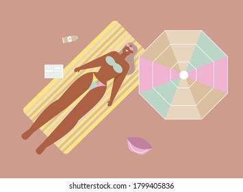 Happy people sunbathing on beach in top view. Man lies with book on towel. Woman rests with her child at sea. Couple eating watermelon at seaside resort. Vector character seamless pattern illustration
