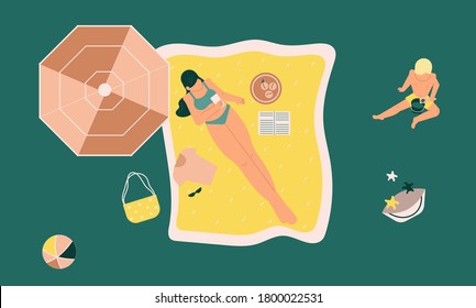 Happy people sunbathing on beach in top view. Man lies with book on towel. Woman rests with her child at sea. Couple eating watermelon at seaside resort. Vector character seamless pattern illustration