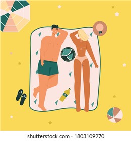 Happy people sunbathing on beach in top view. Man lies with book on towel. Woman rests with her child at sea. Couple eating watermelon at seaside resort. Vector character seamless pattern illustration