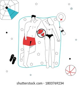 Happy people sunbathing on beach in top view. Man lies with book on towel. Woman rests with her child at sea. Couple eating watermelon at seaside resort. Vector character seamless pattern illustration