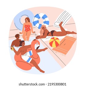 Happy people sunbathing and swimming on summer holiday. Men, women relaxing at water pool on vacation. Friends tourists chilling together. Flat vector illustration isolated on white background