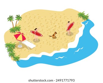 Happy people with surfing board and pet 3d isometric vector illustration