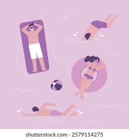 Happy people swimming relax in the ocean or sea. Pool party. Summertime travel, vacation. Male and female characters have fun activity on water. flat vector illustration