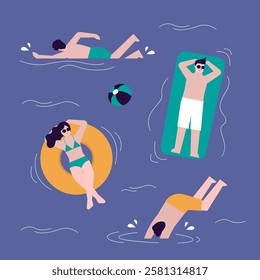 Happy people swimming relax in the ocean or sea. Pool party. Summertime travel, vacation. Male and female characters have fun activity on water. Friends rest in beach club. flat vector illustration