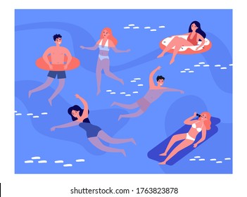 Happy people swimming in sea isolated flat vector illustration. Cartoon characters playing and relaxing in ocean water. Summer activity and vacation concept