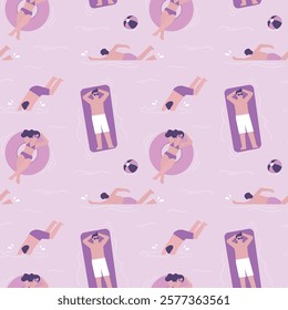 Happy people swimming, surfing and relax in the ocean, seamless pattern. Summertime travel, vacation. Texture, wallpaper template. Male and female characters have fun activity on water. flat vector