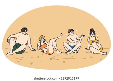 Happy people in swimsuit sit on beach enjoy summer vacation together. Smiling men and women in swimwear on sea coast relax on holiday. Travel and tourism. Vector illustration.