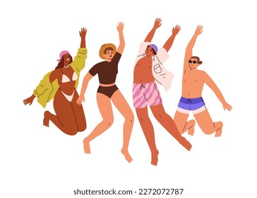 Happy people in swimsuits jumping up. Young positive friends on summer holiday. Excited men, women in bathing suits, trunks, bikini on vacations. Flat vector illustration isolated on white background.