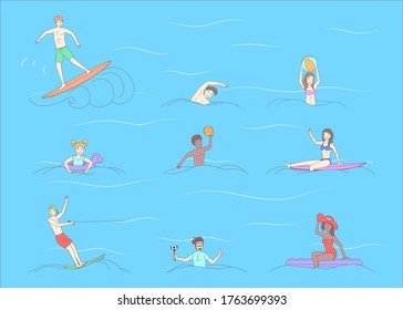 Happy people in swimwear doing water activity vector cartoon outline illustration. Men and women diving, surfing, kiting, swimming, playing water polo in the sea, or ocean. Summer vacation concept.