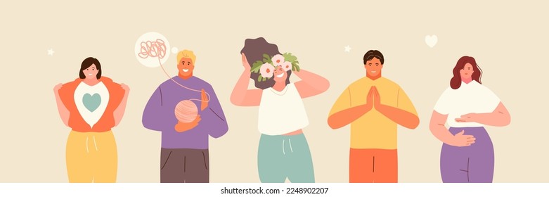 Happy people take care of their mental health. Yoga, proper breathing, solving psychological problems, positive thoughts and harmony