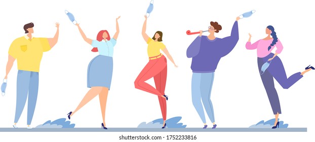 Happy people take off their masks. The end of the epidemic. Victory over the coronavirus. Man and women jump and rejoice. Flat vector illustration.