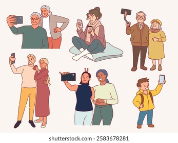 Happy people take selfies. Cartoon smiling men and women photographed on front camera of smartphones, couples posing for photoshoot, making photo, characters hold mobile, vector isolated set