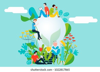 Happy people taking care of the environment and the earth loving the garden and nature - Vector conceptual illustration for ecology concept and ecological idea