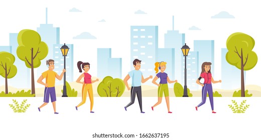 Happy people taking part in marathon, sprint, outdoor sports competition, performing cardio training or workout. Funny men and women jogging or running in park. Flat cartoon vector illustration.