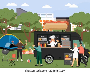Happy people taking rest in city park, vector illustration. Outdoor picnic, bbq party, summer camp, weekend, leisure.