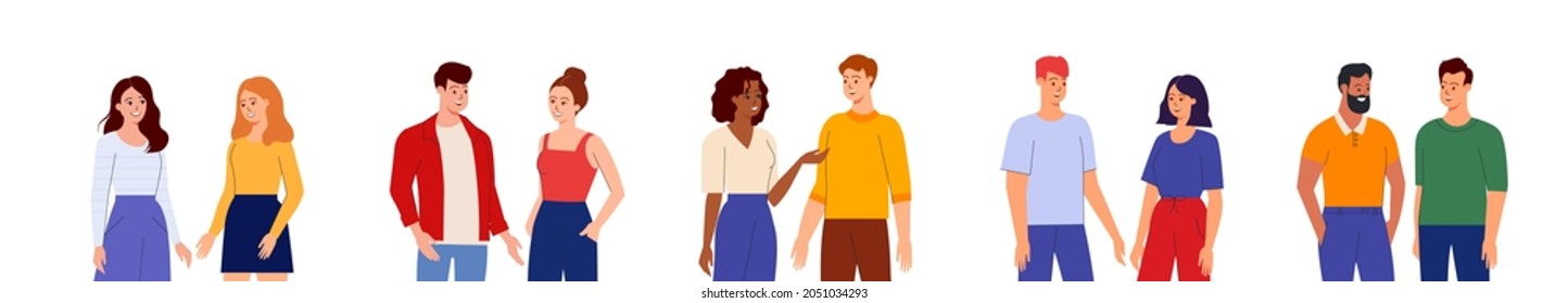 Happy people talking, gossiping and speaking on date. Set of friends meeting and having conversation. Multinational young people chatting and communicating. Flat vector illustration isolated on white 