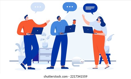 Happy People Talking At Work - Casual Businesspeople Having Conversation And Being Social At Workplace. Positive Work Environment Concept. Flat Design Cartoon Vector Illustration With White Background