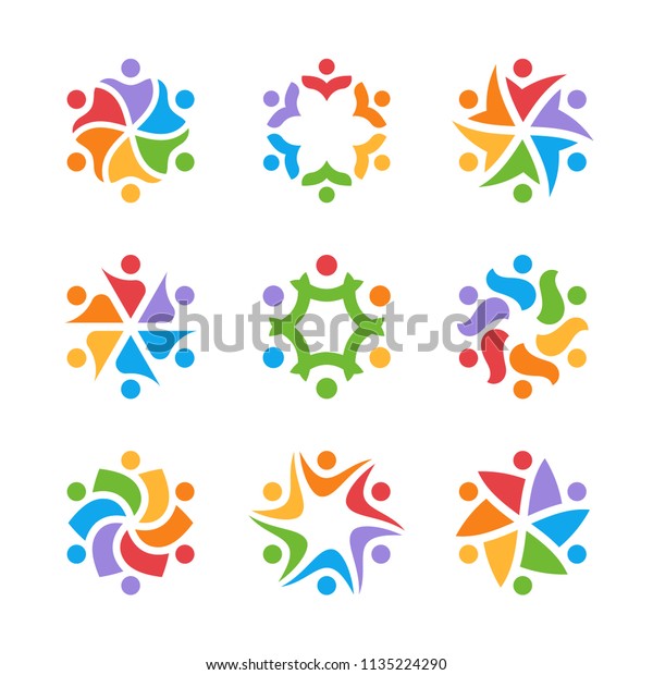 幸せな人 チーム グループ 家族のロゴデザイン 社会的関係 友情 協力 団結の象徴 6人の抽象的人 のベクター画像素材 ロイヤリティフリー