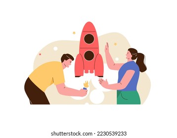 Happy people team ignite the rocket. Startup launch business concept vector illustration