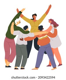 Happy people or team, isolated men and women having fun, jumping and dancing at party. Celebration of holiday or group success, close relationship of friends. Support and victory, vector in flat