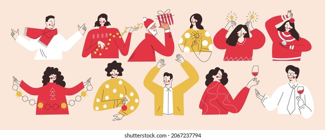 Happy People Team Together Celebrating A Holiday Christmas Party Or New Year On Corporate Event. Set Of Man Woman With Champagne, Garland, Sparklers, Confetti, Gift, Having Toast Vector Illustration