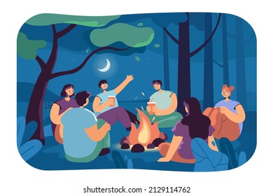 Happy people telling scary stories around campfire. Friends sitting by fire in camp at night in summer flat vector illustration. Communication, friendship, seasons, camping concept for banner