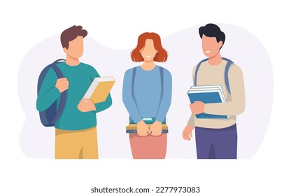 Gente feliz con libros de texto en la universidad.  Estudiantes con libros y mochilas satisfechos con el curso de educación. Ilustración vectorial.