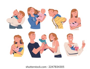 Happy people with their babies set. Mom and dad hugging and cuddling newborn baby expressing love and care cartoon vector illustration