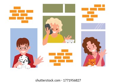 Happy people with their pets at home.