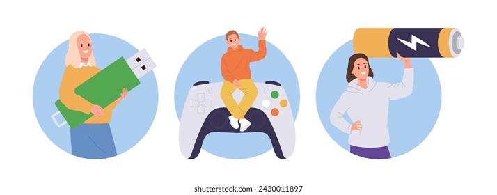 Happy people tiny cartoon character holding huge electronic device isolated round composition set