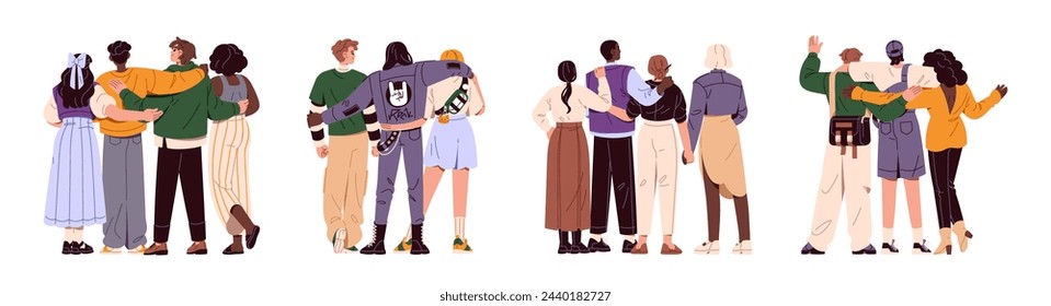 Happy people together from behind set. Friends groups hug, support back view. Diverse men, girls embrace, have fun. Friendship, teamwork concept. Flat isolated vector illustration on white background