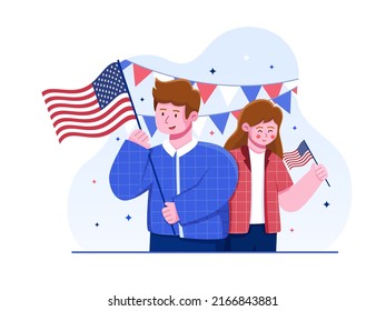 Happy People Together Celebrating USA Independence Day with People Holding American National Flag.
Can be used for Greeting Card, Postcard, banner, poster, print, web, social media, etc.