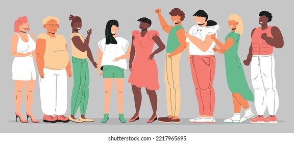 Happy people together concept vector. Crowd of deverse group. People are welcoming. Active fans support, smiling. Men and women of different age celebrate event.