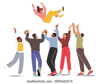 Happy People Toss Up Person Celebrating Success, Group of Positive Friends Celebrate Victory Achievement Together, Joyful Characters Team Congratulation Woman Colleague. Cartoon Vector Illustration - Shutterstock ID 2091625573