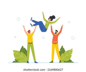 Happy People Toss Up Woman Colleague in Air. Group of Positive Friends Celebrate Victory Achievement Together, Joyful Characters Team Congratulation, Celebrating Success. Cartoon Vector Illustration