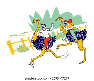 Happy People Tourists Spend Holidays in Thailand or Indonesia. Male and Female Characters Riding on Ostriches on Farm Zoo during Summertime Vacation in Tropical Country. Linear Vector Illustration